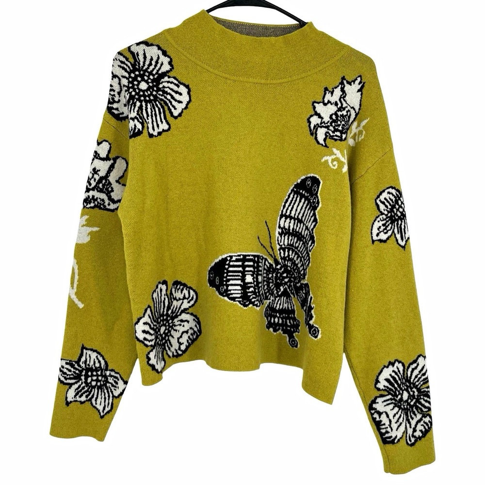 Industry Women's M Mustard Floral Butterfly Mock Neck Sweater Artsy Boho Knit